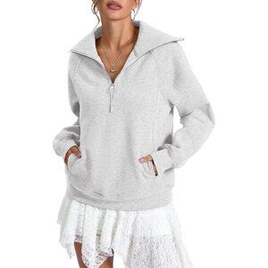 Women's Fleece Lined Zip Pocket Long Sleeve Sweatshirts Hoodies Tops Light Gray